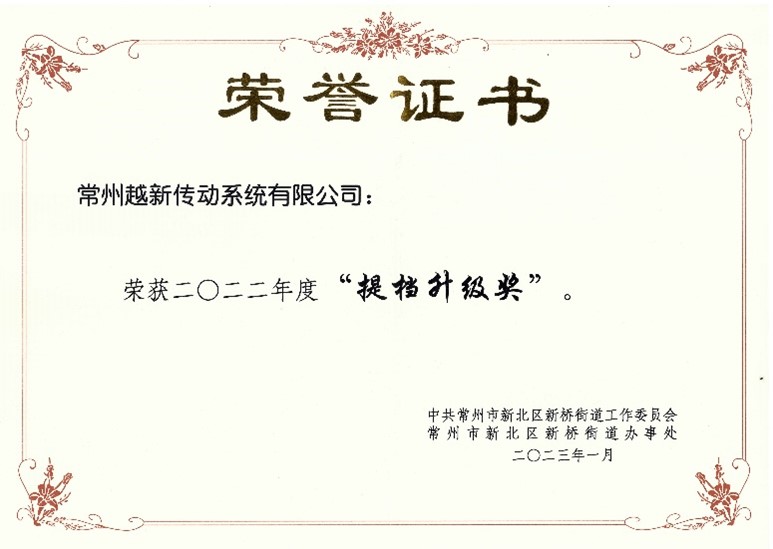 越新传动获新桥街道2022年度加快经济高质量发展优胜单位